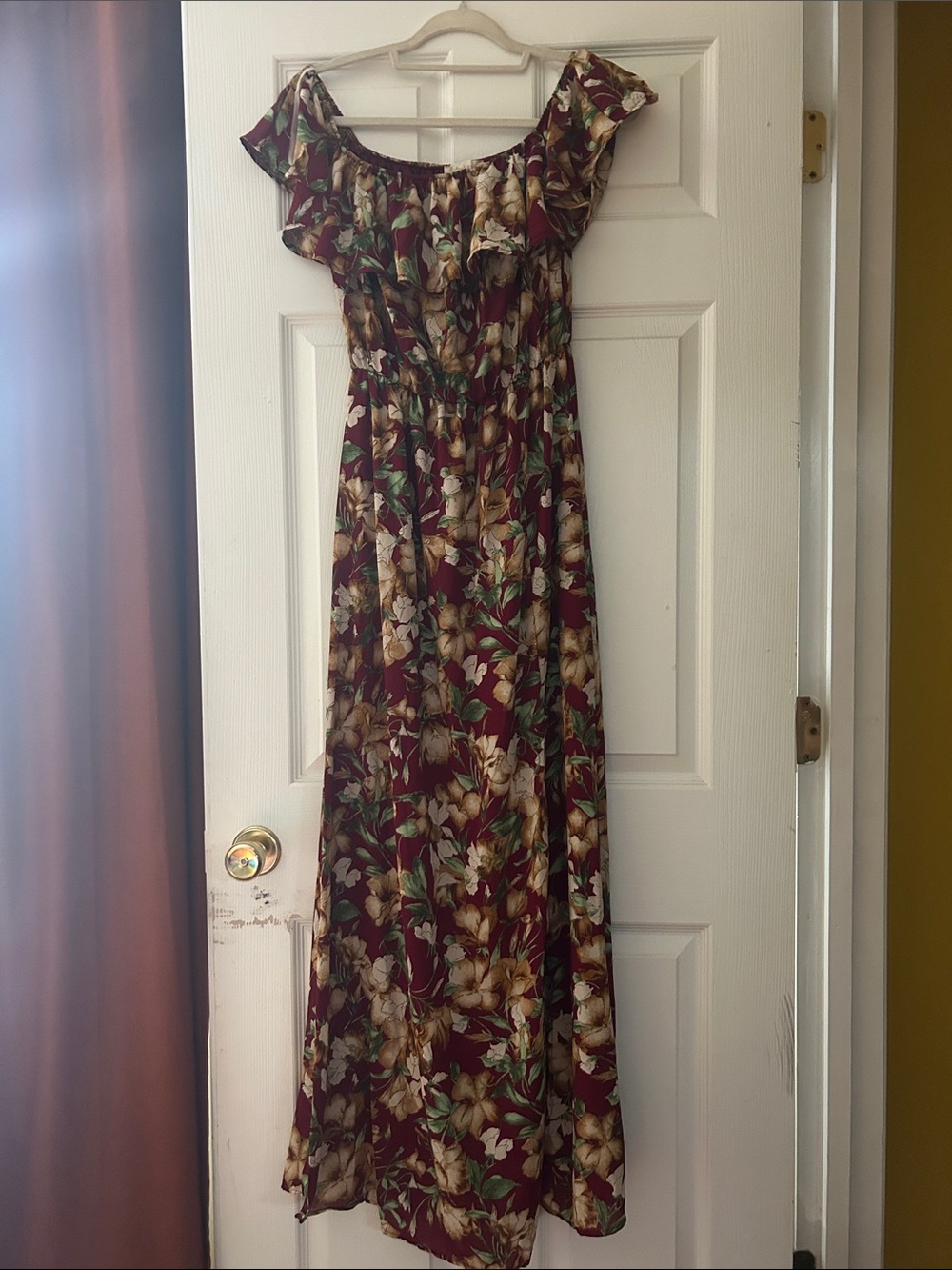 Altar'd State Burgundy Floral Off-Shoulder Maxi Dress